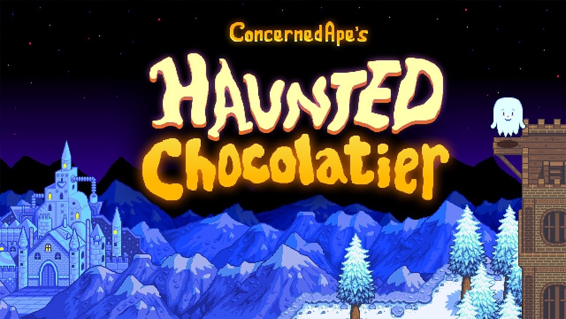 Haunted Chocolatier logo with snowy mountain scapes in the background