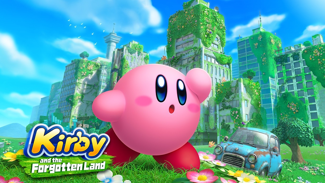 Kirby standing in front of the post-apocalyptic town, looking for Waddle Dees