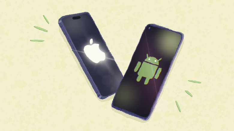 Drawing of two phones, one with an Apple icon on the screen and the other with an Android icon.