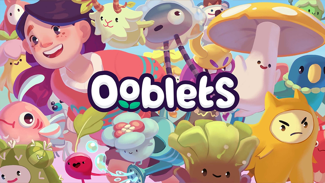 A bunch of colorful Ooblets surrounding the logo of the game.