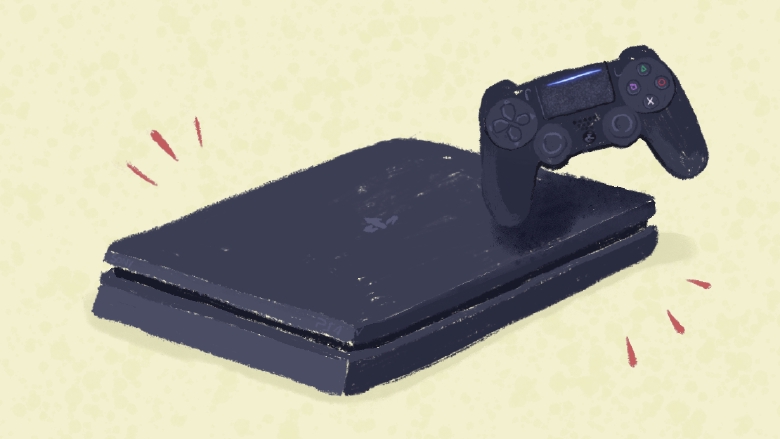 A close up stylized sketch drawing of a PlayStation 4 console.