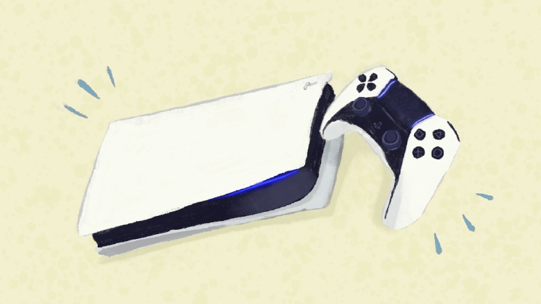 A close up stylized sketch drawing of a PlayStation 5 console.