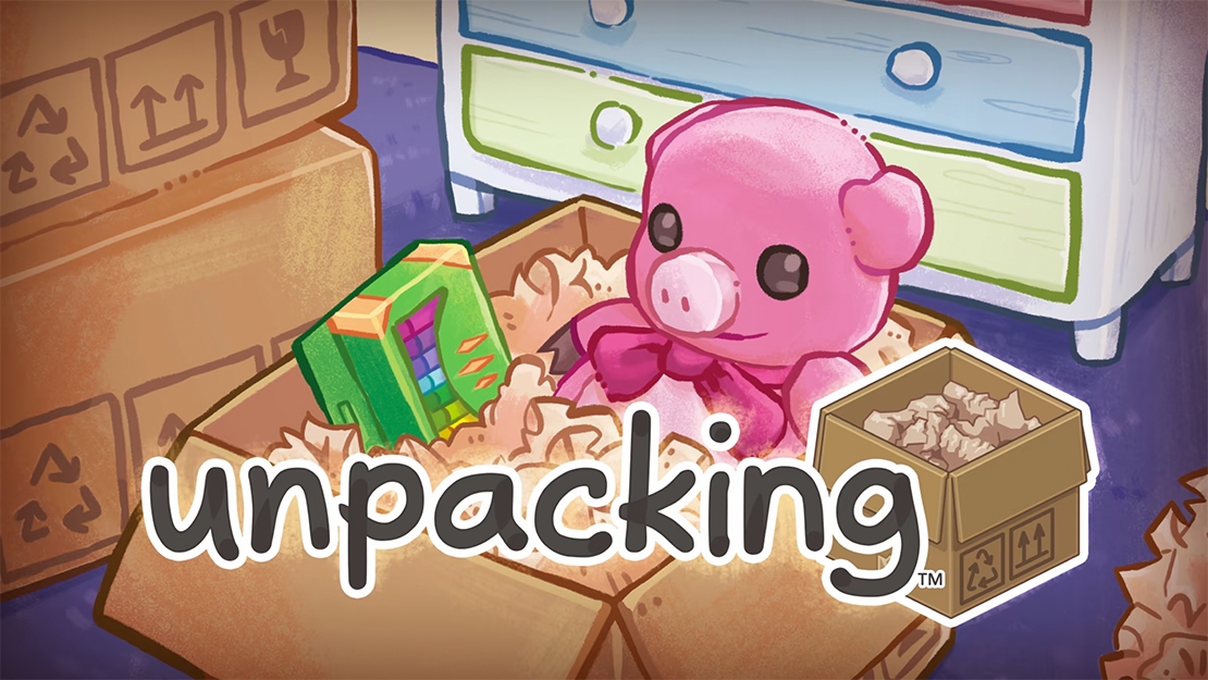 A stuffed pink pig plushie and box of crayons sitting in a moving box, surrounded by other closed boxes.