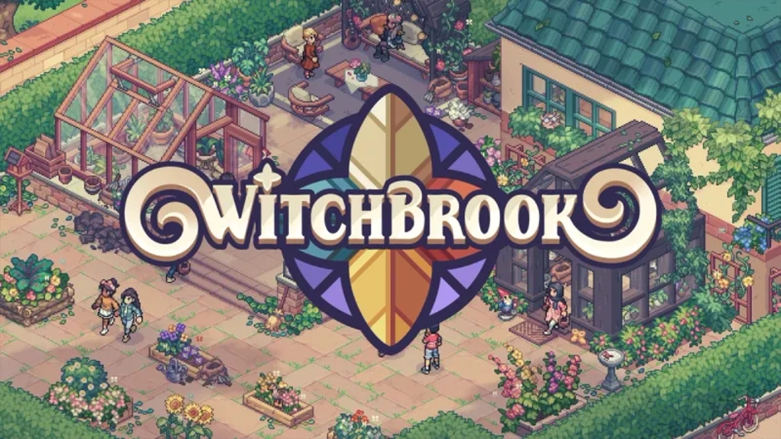 Witchbrook logo over a panorama view of village center